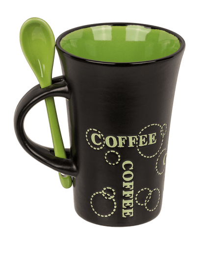 Black Ceramic Mug with spoon, Coffee,