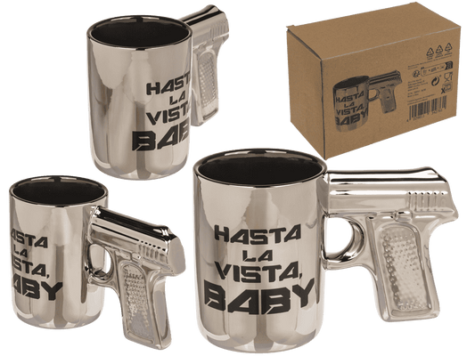 Silver mug with pistol grip, Hasta la vista baby,