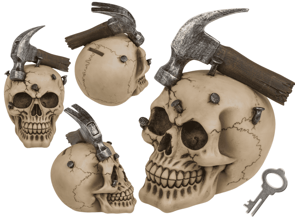 Savings bank with lock, Skull with hammer & nails,