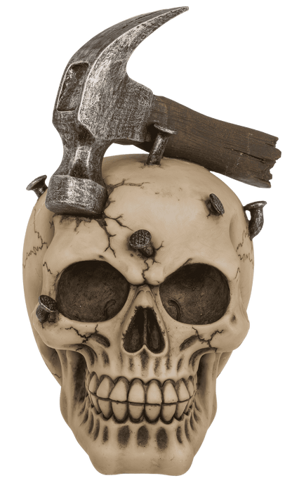 Savings bank with lock, Skull with hammer & nails,