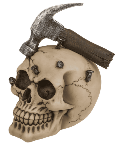 Savings bank with lock, Skull with hammer & nails,