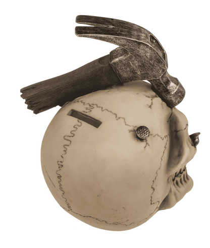 Savings bank with lock, Skull with hammer & nails,