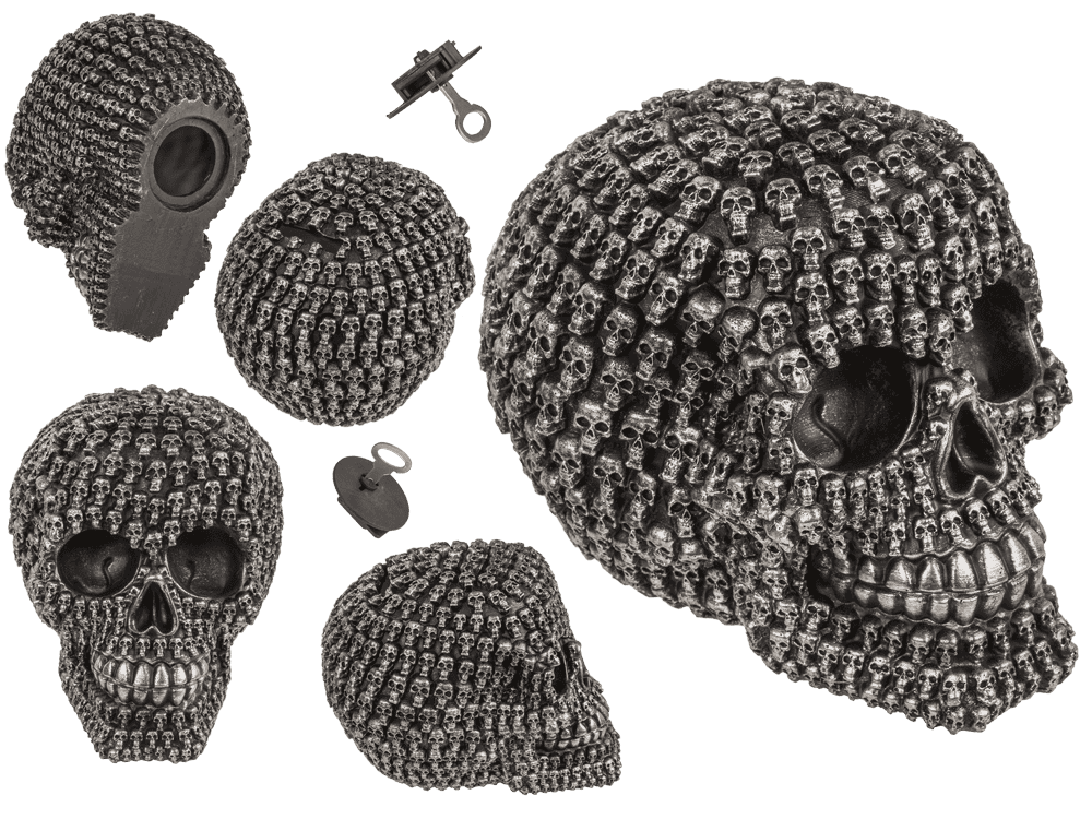 Money box with lock, Silver skull design,