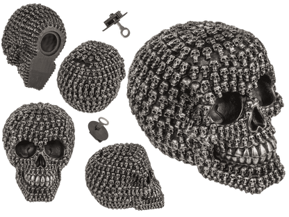 Money box with lock, Silver skull design,