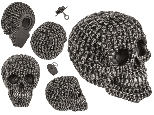 Money box with lock, Silver skull design,