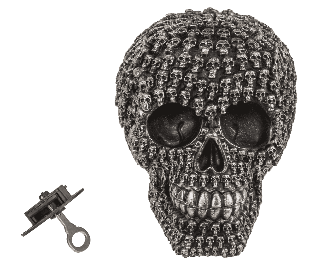 Money box with lock, Silver skull design,