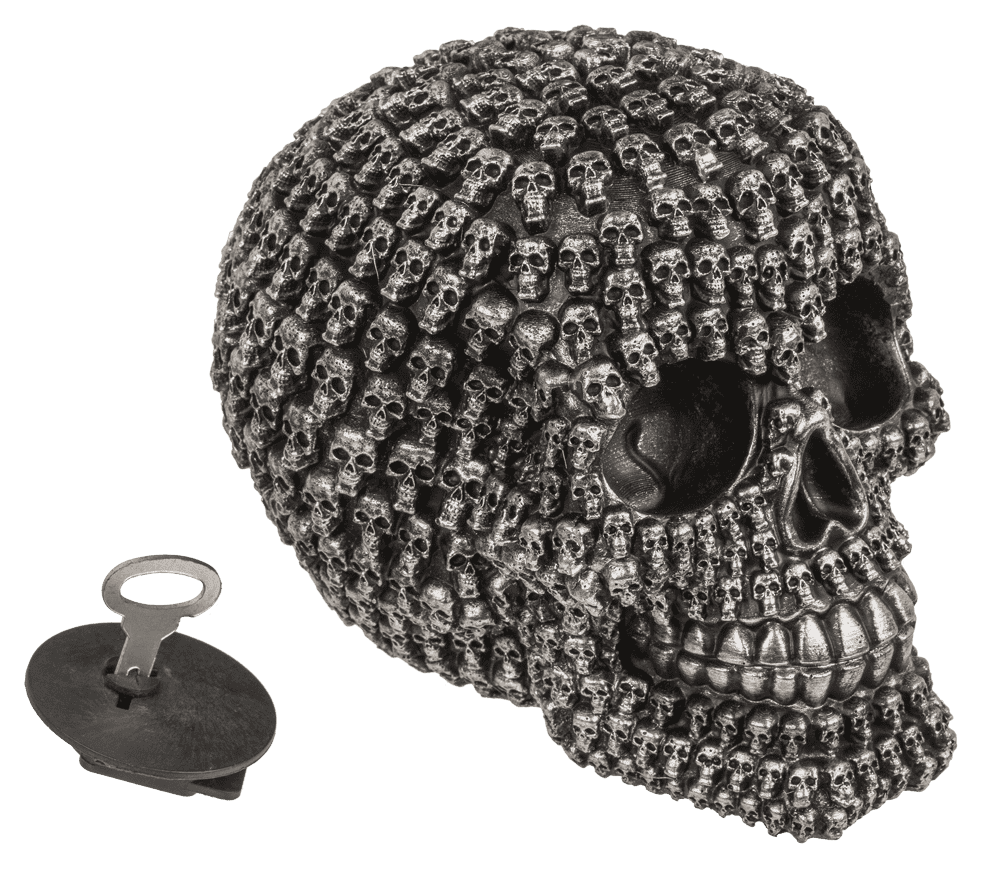 Money box with lock, Silver skull design,
