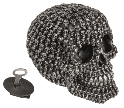 Money box with lock, Silver skull design,