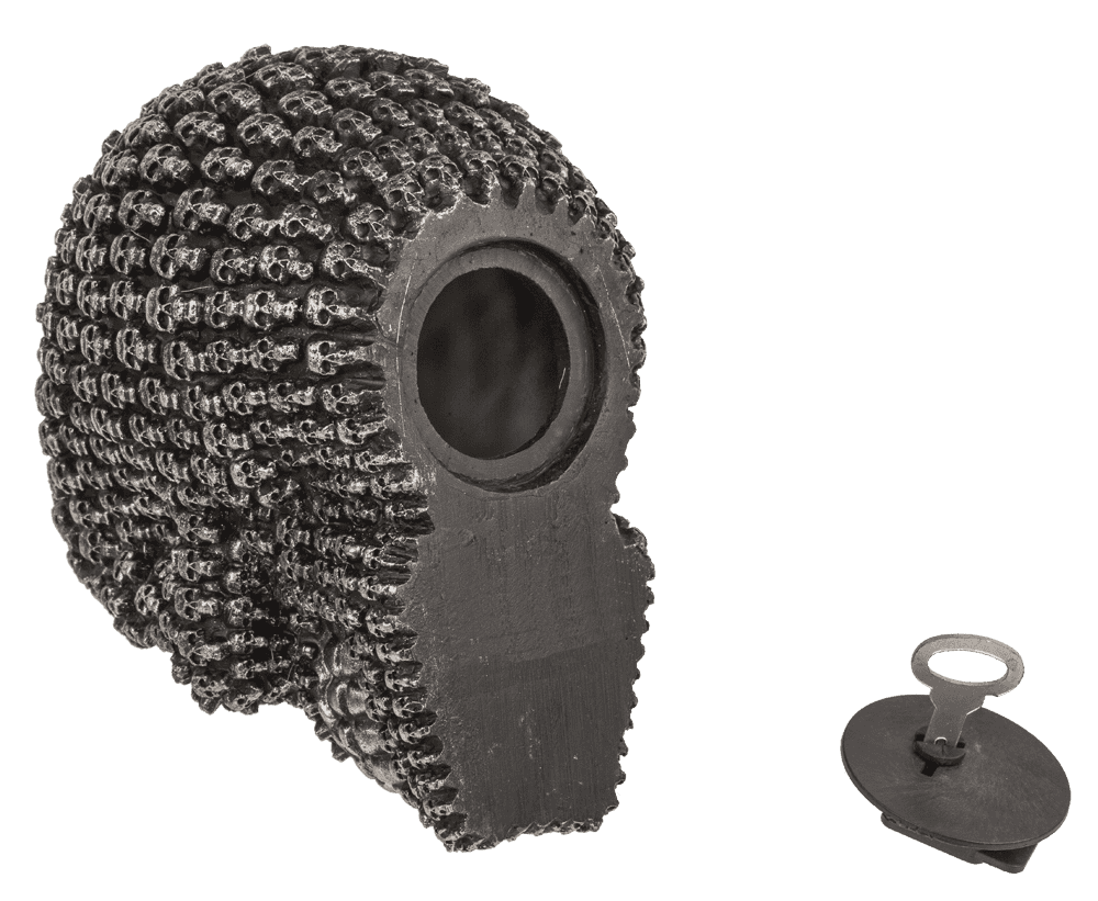 Money box with lock, Silver skull design,