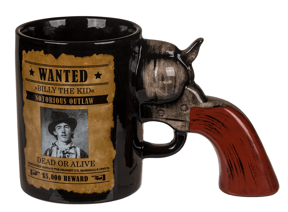 Ceramic mug, Wanted Poster with revolver handle,