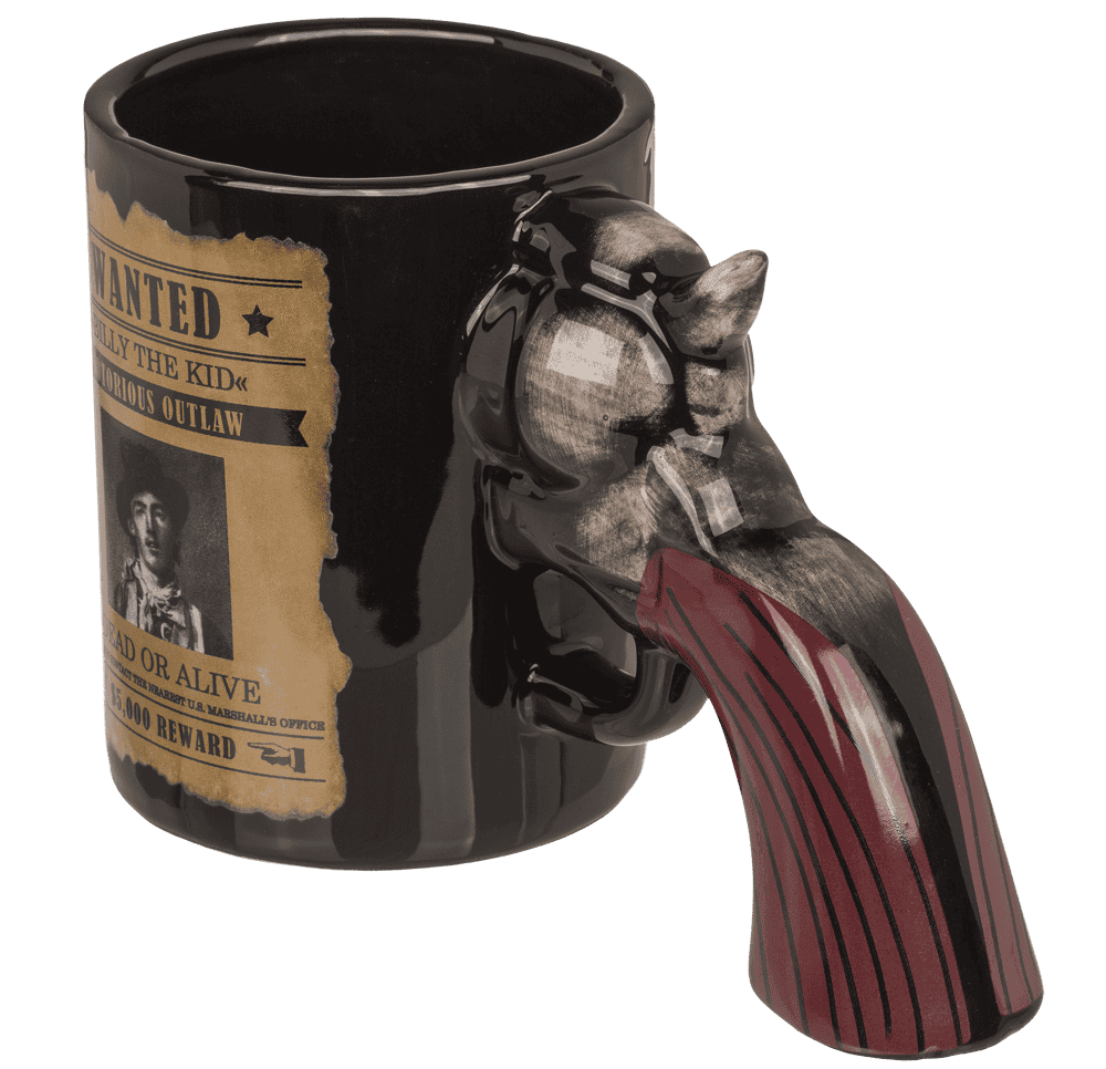 Ceramic mug, Wanted Poster with revolver handle,