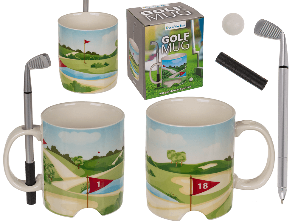 78-8345_000.png Mok met golfbaanprint, inclusief golfbal, golfclubpen en doosje. Inhoud 330 ml, ca. 10 x 8 cm, van steengoed.