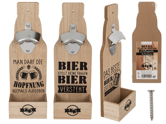 Metal bottle opener on wooden board with