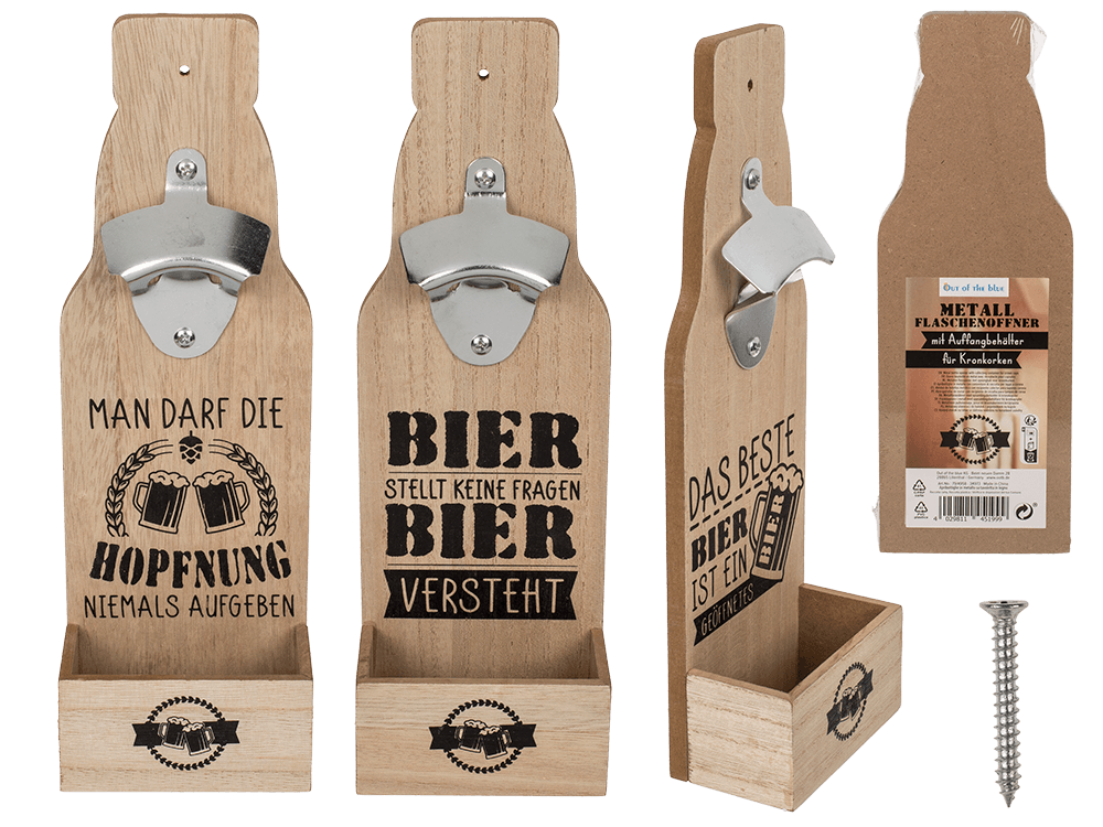 Metal bottle opener on wooden board with