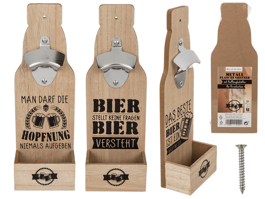 Metal bottle opener on wooden board with