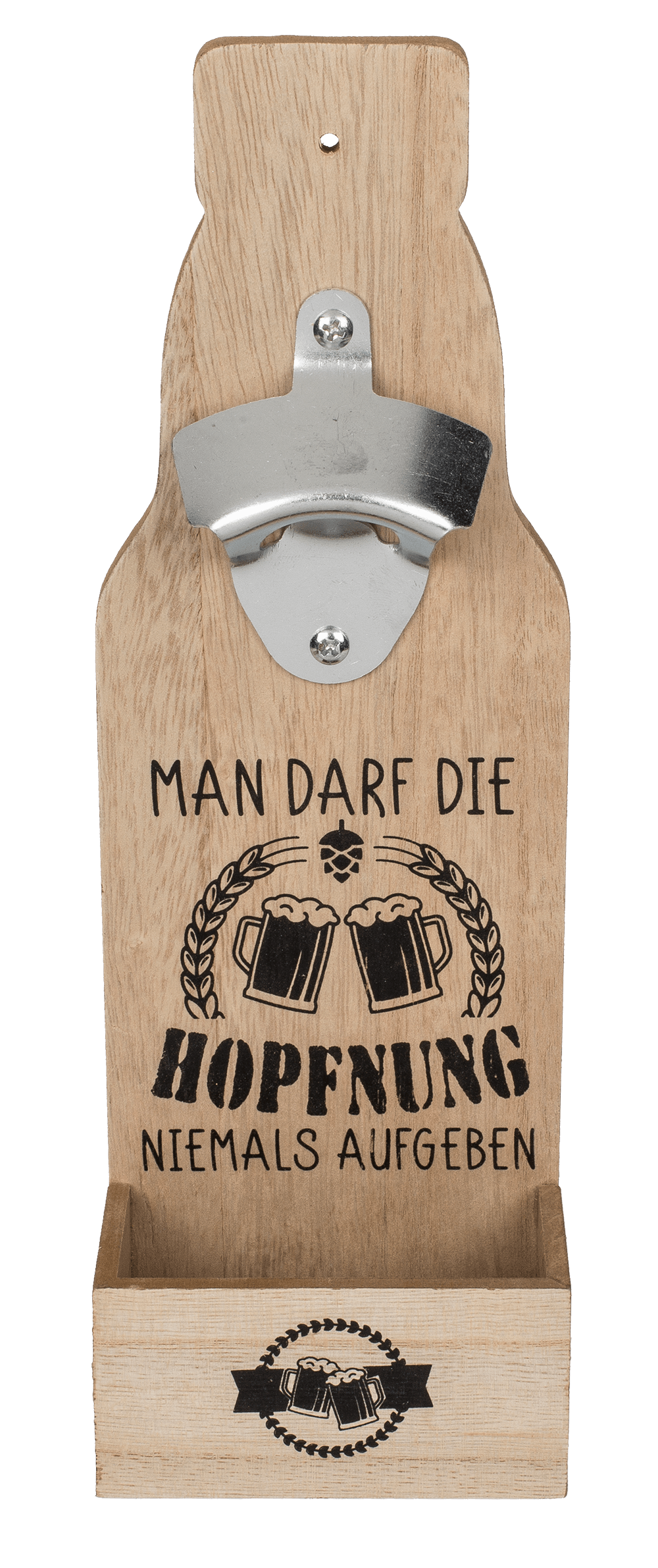 Metal bottle opener on wooden board with