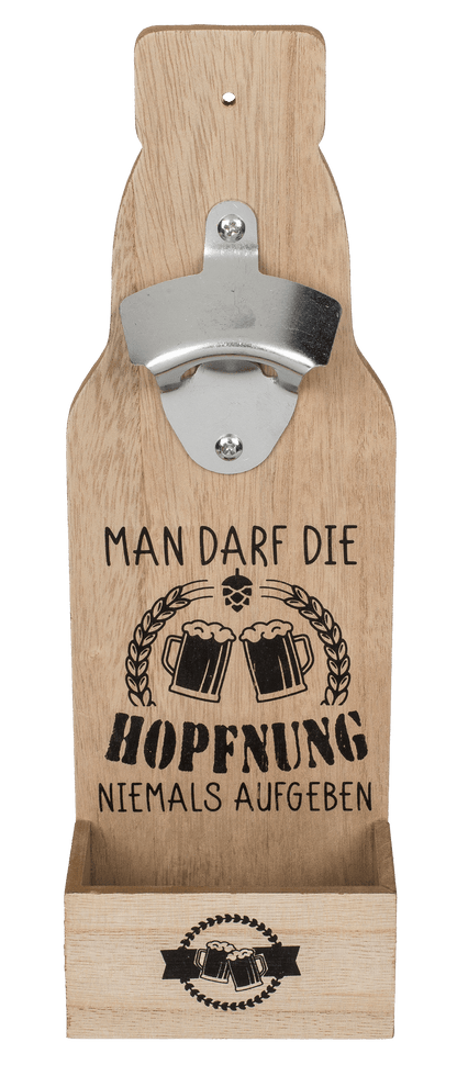 Metal bottle opener on wooden board with