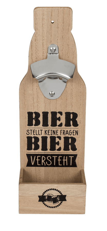 Metal bottle opener on wooden board with