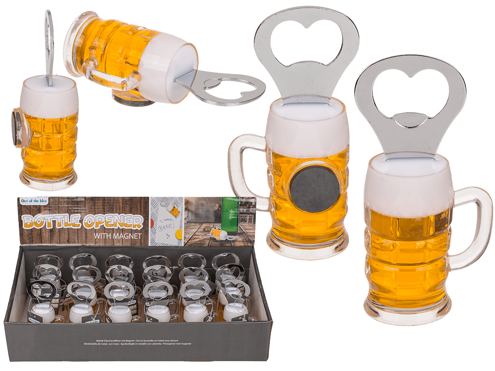 Metal bottle opener, beer glass with magnet,