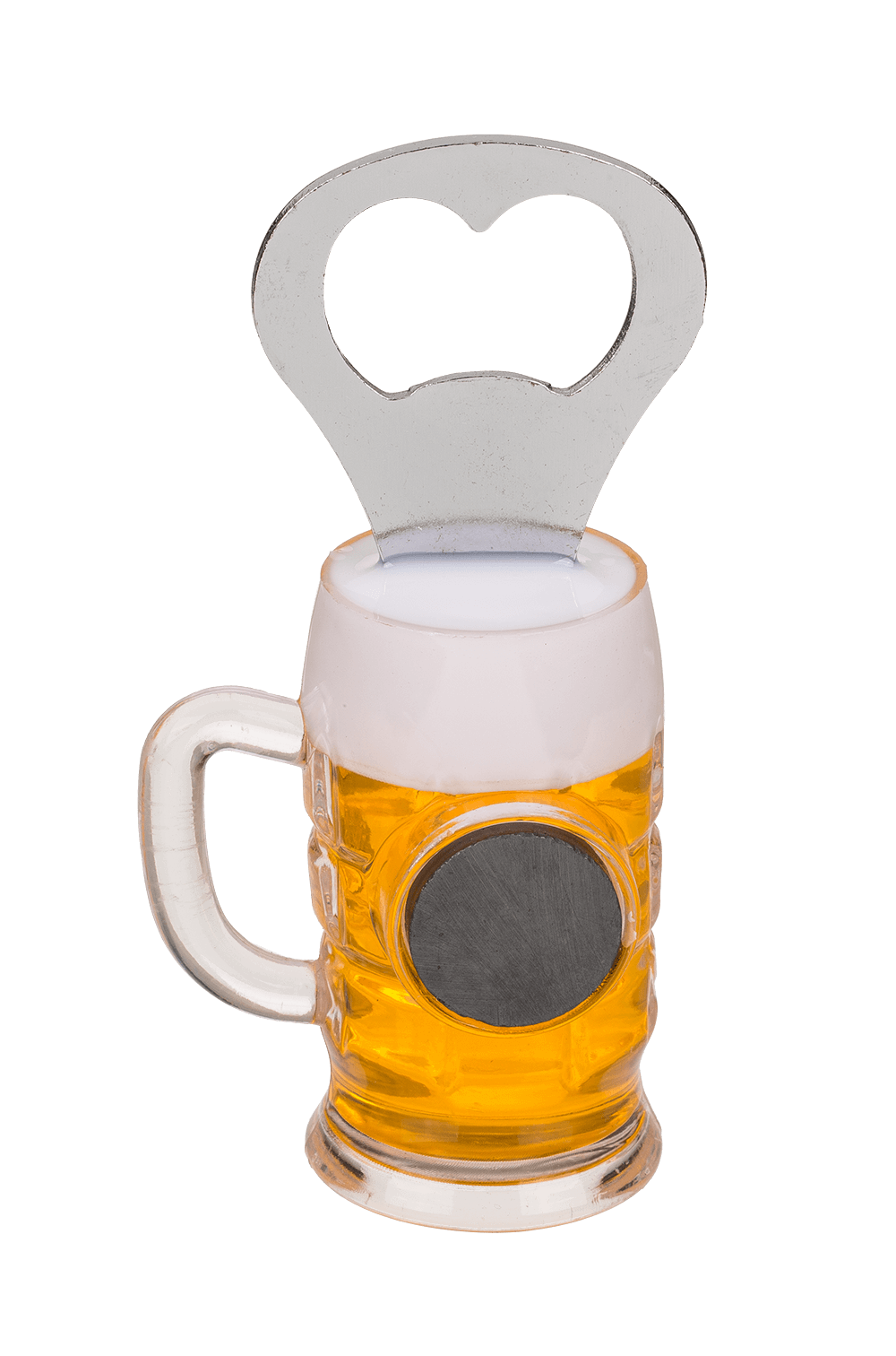 Metal bottle opener, beer glass with magnet,