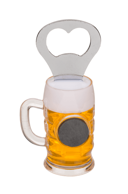 Metal bottle opener, beer glass with magnet,