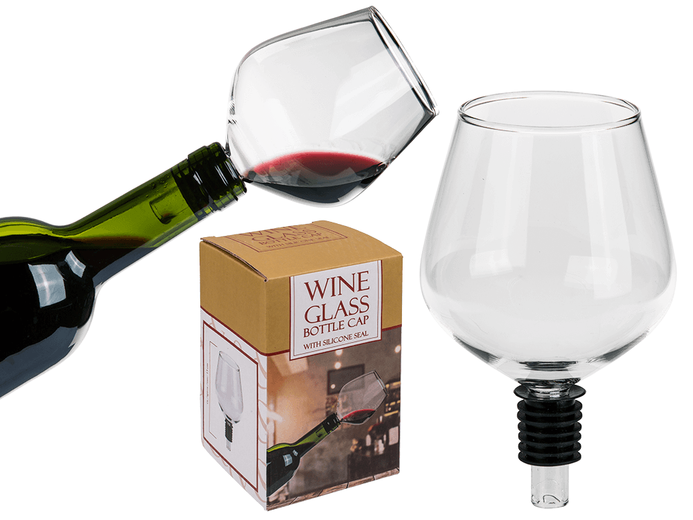 79-4979_000.png Glazen wijnflesdop met siliconen afdichting, inclusief wijnglas, 13 cm hoog, in doos.