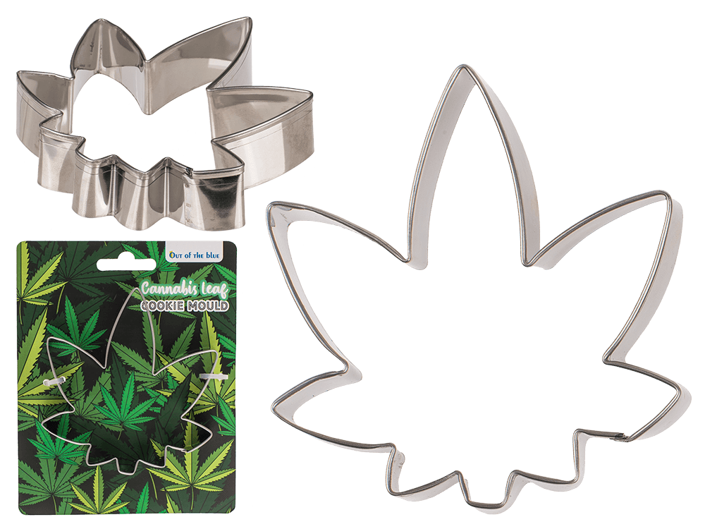 79-5169_000.png Metaal koekjesvorm in de vorm van een cannabisblad, 10 x 9,5 x 2,3 cm, inclusief headercard met groene bladeren.