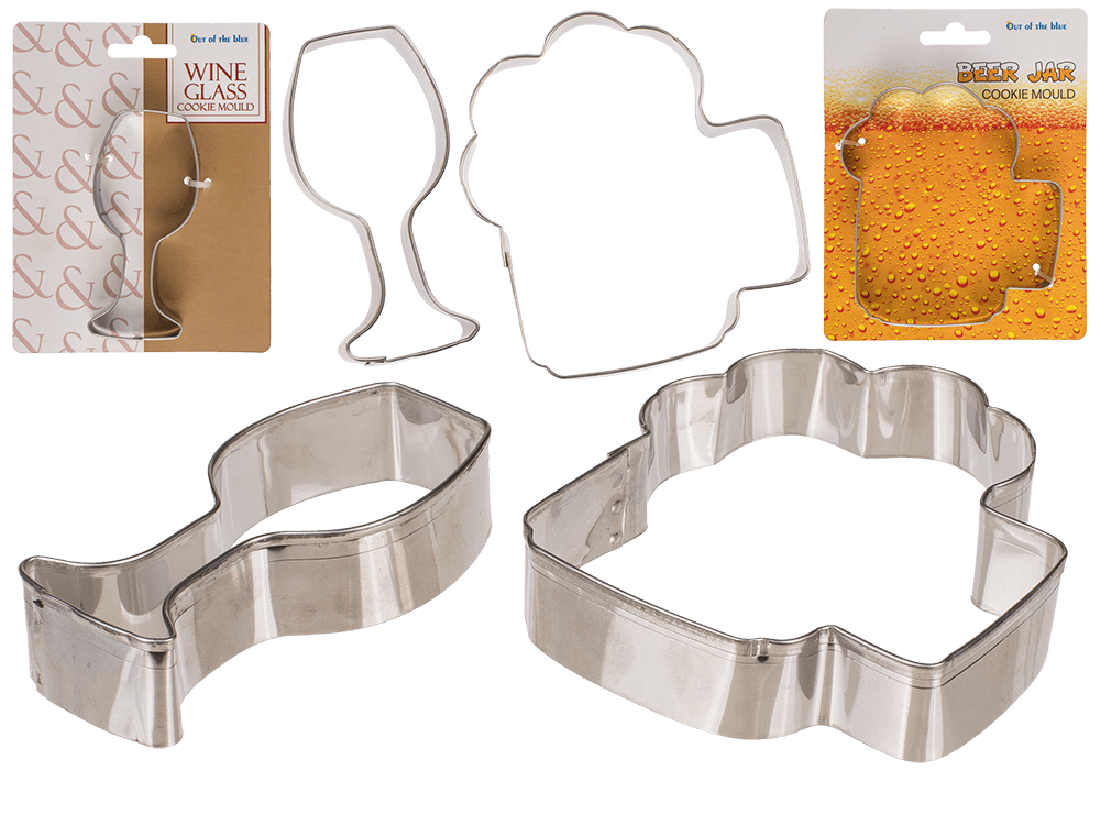 Metal cookie mould, beer jar & wine glass,