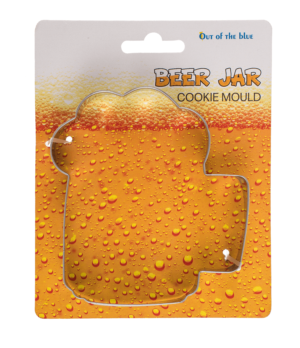 Metal cookie mould, beer jar & wine glass,