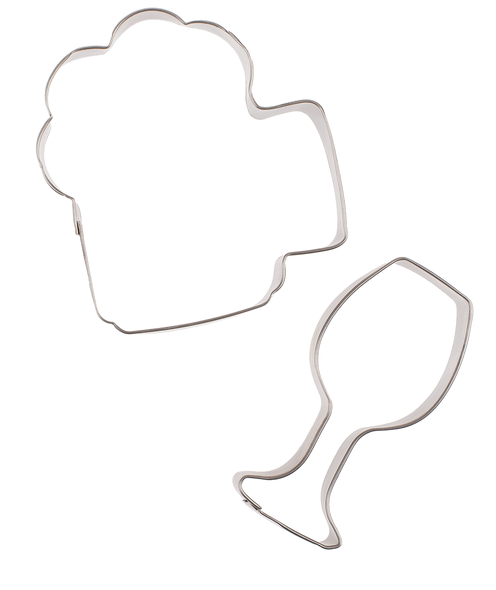 Metal cookie mould, beer jar & wine glass,