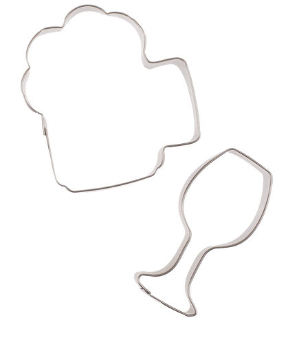 Metal cookie mould, beer jar & wine glass,