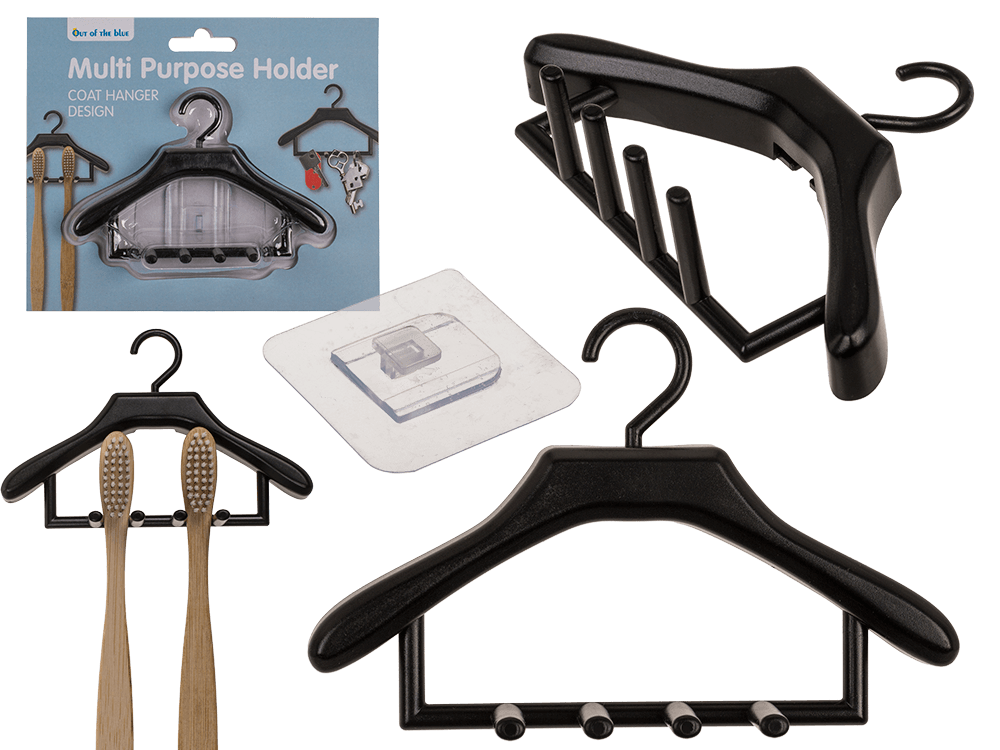 79-6099_000.png Multi-purpose houder in jashanger ontwerp, zwart, met 3 haken, afmetingen 11 x 7,5 x 3 cm, op blisterkaart.