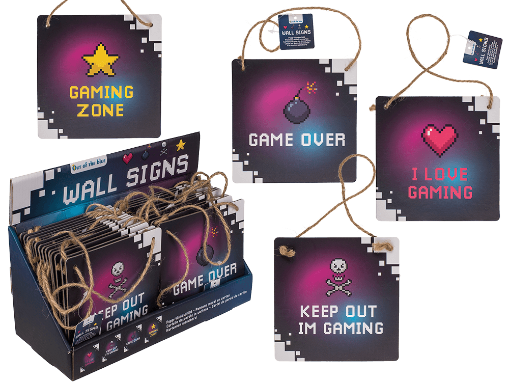 810741_000.png Wandbordje met gaming-thema, 18x18 cm, 4 ontwerpen: Gaming Zone, Game Over, Keep Out Im Gaming, I Love Gaming.