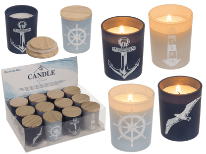 Candle in glass with wooden lid, Sea,