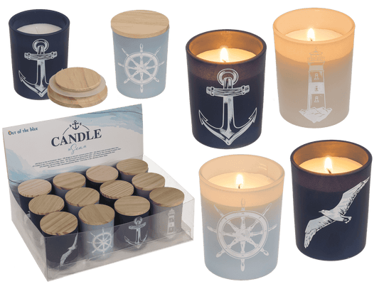 Candle in glass with wooden lid, Sea,