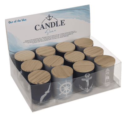 Candle in glass with wooden lid, Sea,