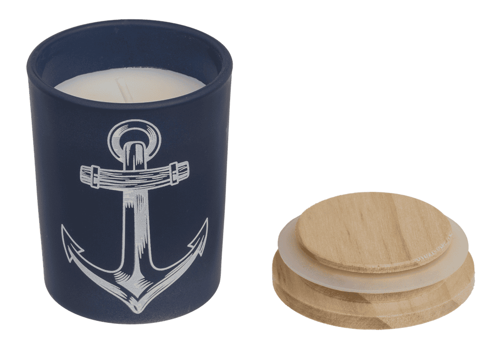 Candle in glass with wooden lid, Sea,