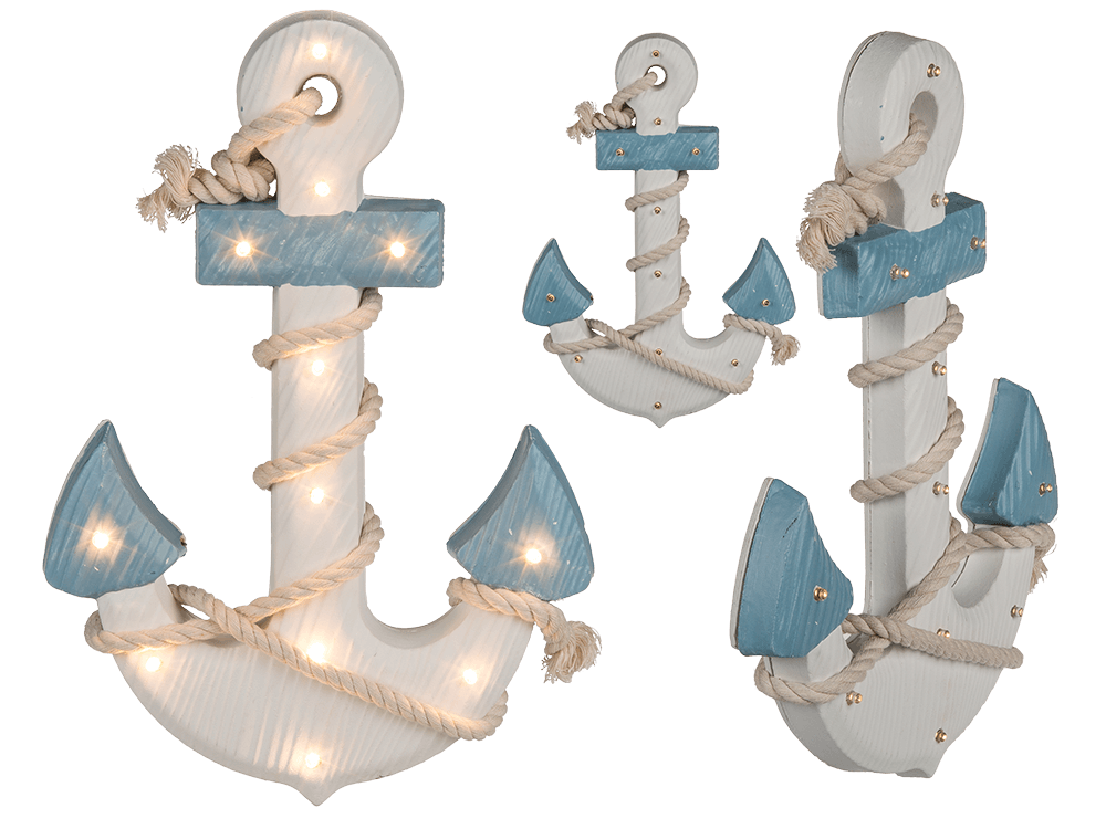 Wooden anchor with rope & 12 warm white LED,