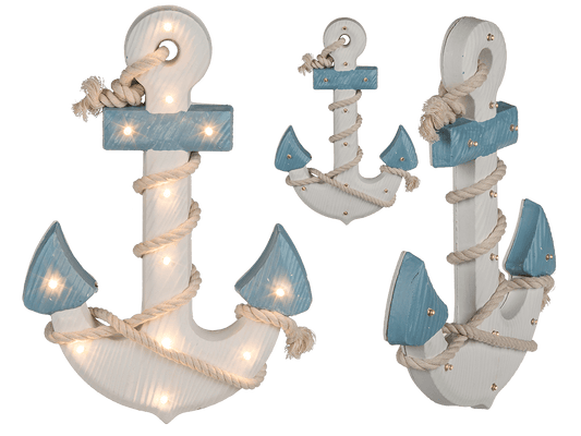 Wooden anchor with rope & 12 warm white LED,