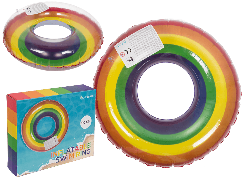 91-4217_000.png Opblaasbare zwemring in regenboogkleuren, diameter 90 cm, verpakt in een kleurrijke geschenkdoos.