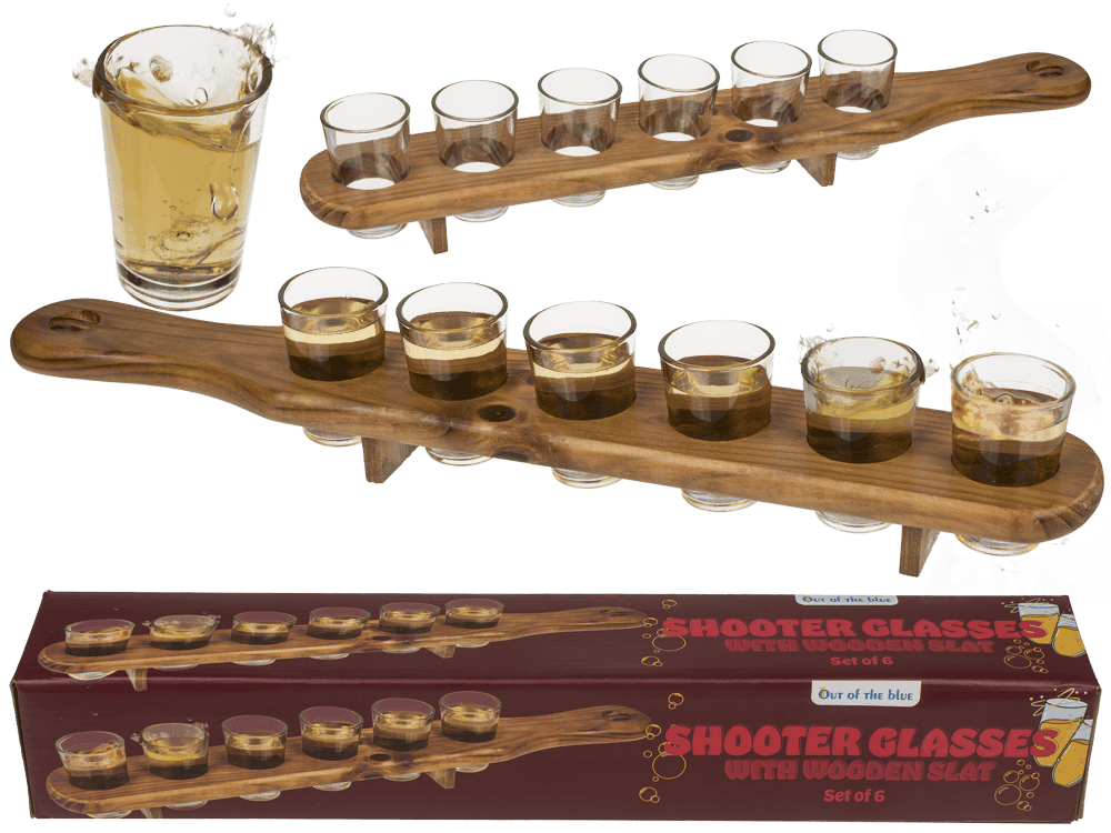 Shooter glass, set of 6pcs. with wooden slat,
