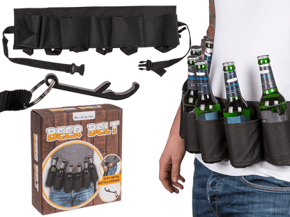 Black beer belt with metal bottle opener,