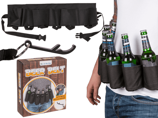 Black beer belt with metal bottle opener,