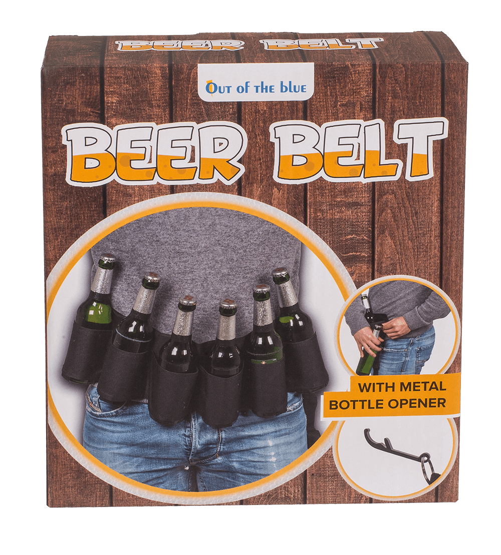 Black beer belt with metal bottle opener,
