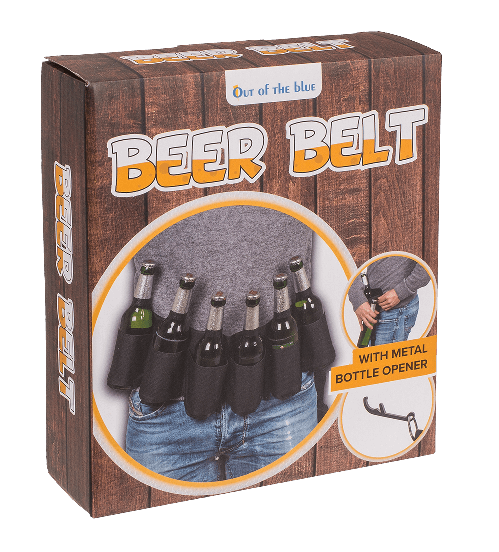 Black beer belt with metal bottle opener,