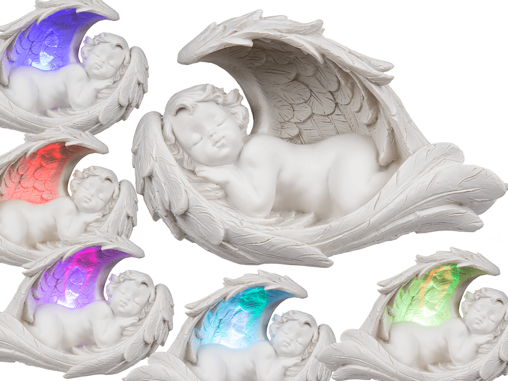 Sleeping polyresin angel in wings with colour,