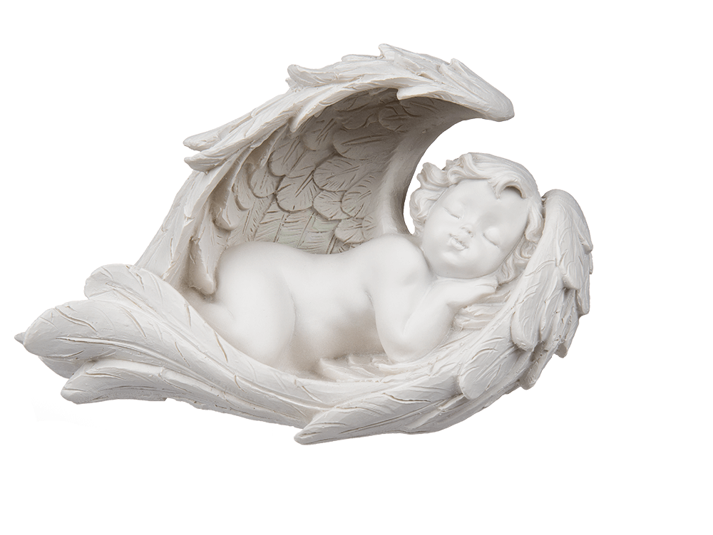 Sleeping polyresin angel in wings with colour,