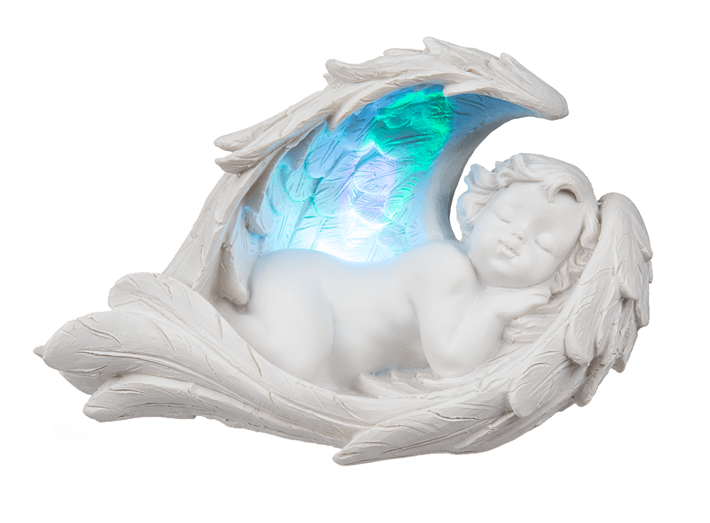 Sleeping polyresin angel in wings with colour,