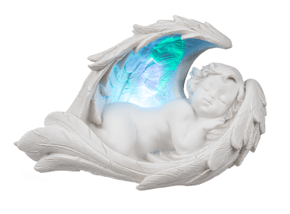 Sleeping polyresin angel in wings with colour,
