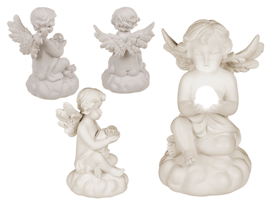 Sitting polyresin angel with white LED ball,